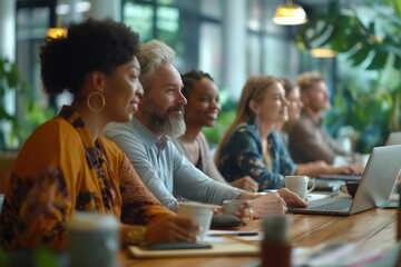 Poster - A diverse group collaborates in a modern workspace, brainstorming over coffee while fostering innovation and growth. This environment promotes teamwork, learning, and productivity