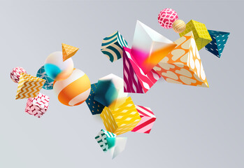 Wall Mural - colored 3d geometric shapes. composition of cubes, triangles and spheres. abstract vector background