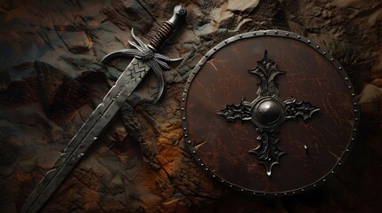 Wall Mural - Antique Medieval Cross-Adorned Steel Shield and Sword on Rugged Backdrop