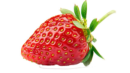 Single ripe strawberry with a green stem, detailed texture and vibrant red color, isolated on a white background