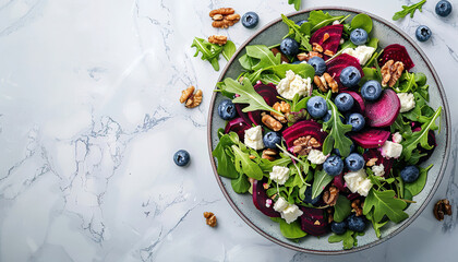 Poster - Delicious salad with sweet beets, blueberries, feta cheese, arugula and walnuts, with empty copy Space, light marble table background, top view