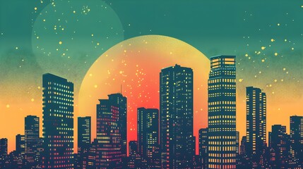 Poster - Vibrant Cityscape at Sunset with Glowing Skyscrapers and Reflective Water