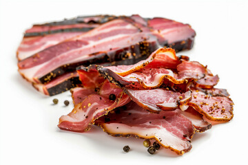 Wall Mural - Smoked bacon slices, isolated on white background