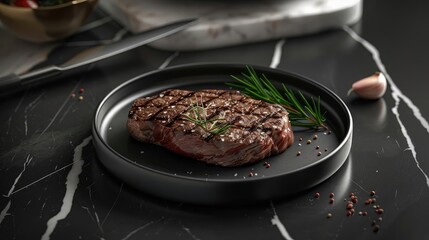 Wall Mural - Deliciously grilled steak garnished with fresh herbs on a sleek black plate, perfect for culinary presentations and food photography.