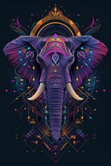 Elephant head, geometric patterns, neon colors, dark background.