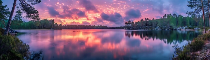 Canvas Print - Vibrant Sunset Reflected in Still Lake Water - Landscape Illustration