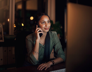 Poster - Phone call, woman and business at night with computer for networking and feedback at desk. Consultant, connection and technology in office or happy for conversation, email and review for research