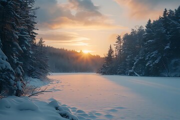 Wall Mural - Snowy Forest Lake Sunset - Winter Wonderland Landscape Photography