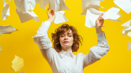 Sticker - happy young white woman in white shirt holding up paper russian rubbles above yellow background, AI Generative