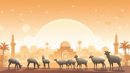 Islamic Banner with Sacrificial Sheep and Goats