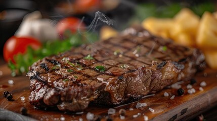 Wall Mural - Juicy grilled steak served with vibrant vegetables, highlighting delicious flavors and tempting aromas for a perfect meal.