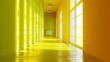 © Aris Suwanmalee - Sunlight streams through windows in a bright yellow hallway, illuminating the wooden floor.