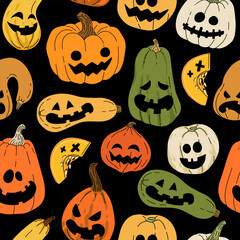 Wall Mural - Jack-O-Lantern seamless pattern. Halloween pumpkins with faces vector background. October holiday symbol. Creepy, smiling, fun carved pumpkin heads.