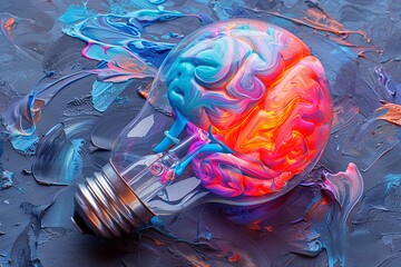 Sticker - Colorful Abstract Brain with Light Bulb Creative Intelligence Concept Vibrant Digital Art Dynamic Design Modern Innovation Artistic Expression Psychedelic Colors