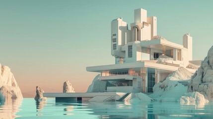 A futuristic, white building stands on a rocky island in a surreal, dreamlike landscape. The sky is a soft, pastel pink and blue.