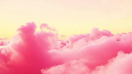 Wall Mural - Animated pink clouds. Background with vanilla sky. Camera moving through pink clouds stops for a while and moving again to pink world