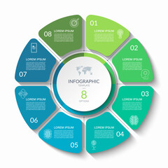 Infographic circular vector template with 8 options, parts. 8-step cycle diagram for business infographics. Process chart, vector banner for presentation, report, brochure, web, data visualization.