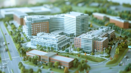 Wall Mural - generate a photo realistic image of a maquette representing a healthcare campus with hospitals, medi