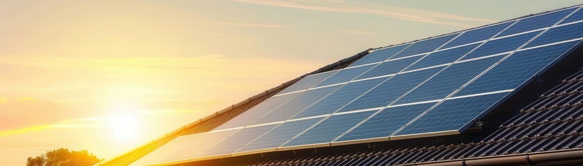 Rooftop solar panels in bright sunlight, energy innovation, side view, renewable resource, futuristic tone, black and white, copy space for text