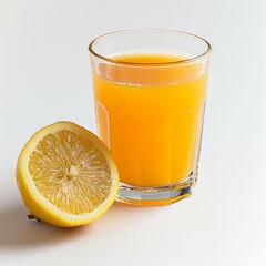 Medium shot of Lemon juice in a glass near the lemon, isolated on a white background