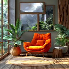 Poster - A cozy living room with an orange armchair and indoor plants. This modern space combines comfort with nature. Perfect for relaxation and peace