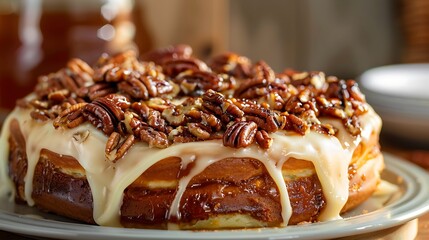 A pecan sticky bun with a delicious frosting up front