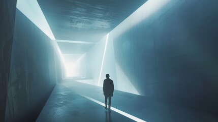 a solitary figure stands in a futuristic, abstract hallway bathed in blue light. the stark, minimali