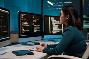 Portrait of young woman as software developer writing code while using computer at office workplace in blue light copy space