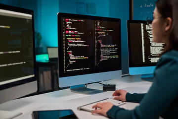Computer with code lines on screen and unrecognizable young woman typing IT and cybersecurity concept copy space