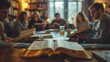© AnastasiiaCherkas - Cozy Bible Study Group Gathering in a Warm, Inviting Room with Books and Soft Lighting
