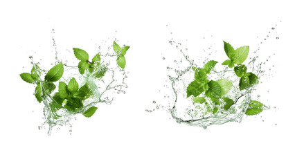 Wall Mural - mint leaf with water splash cutout. water splash with mint leaf on transparent background