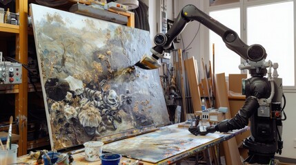 A robot artist creating a detailed painting in a contemporary art studio.