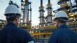 © Kanin - Two engineers in hard hats and safety gear inspect an industrial plant's machinery and infrastructure under evening sky.