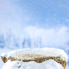 Poster - Empty snowed covered wooden trunk with copy space for products. Blurred background of snowy forest and trees in snowy winter. Snow falling.