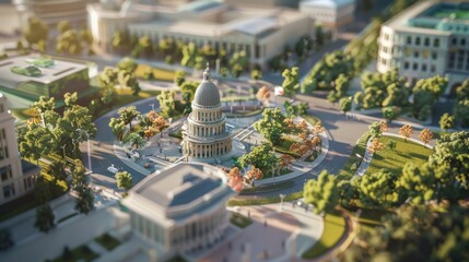 Wall Mural - Generate a photo realistic image of a maquette showcasing a government plaza with legislative buildings, public spaces, and civic monuments; ensure the image is of high resolution for clear