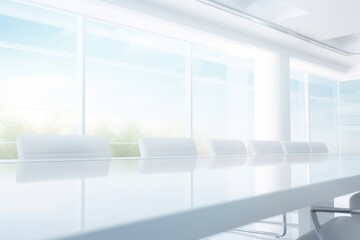 A spacious conference room with sleek white furniture and large windows reveals a bright, sunny landscape outside