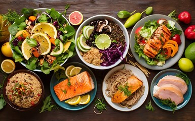 Assortment of healthy food dishes. Top view. Free space for your text.