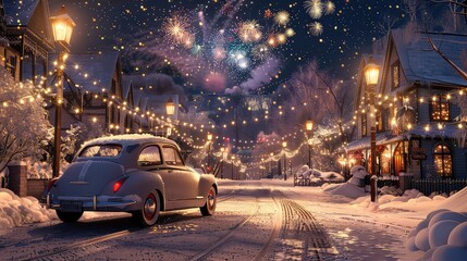 A silver car is parked in an open snowy field, with the car angle sideways, the eaves of the surrounding buildings are piled with snow, and fireworks are blooming in the sky at night Generated with AI