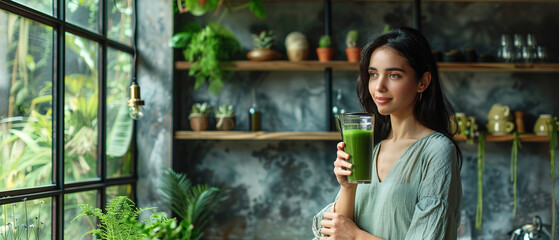 Wall Mural -  advertising photography of international latin person drinking green juice, modern kitchen 