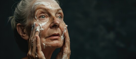 Poster - An image featuring a mature woman prepared to clean her facial skin with space for additional content