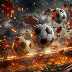 Wall Mural - soccer balls and casino chips fall from the sky onto a football field