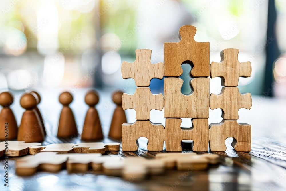 Teamwork Makes the Dream Work: Wooden figures stand in line, awaiting ...