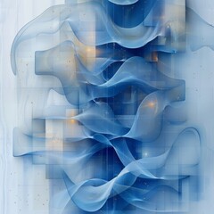 Wall Mural - Abstract Digital Art: Blue Waves on a Grid