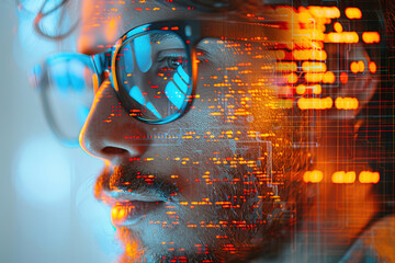 Wall Mural - Close up, male software developer concept, represented by a double exposure of computing, developing, or internet security at work