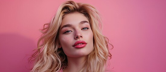 Beautiful woman with blonde hair in a portrait against a pink backdrop with available copy space image