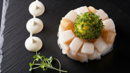 Wall Mural - A close up of a food dish with some white sauce, AI