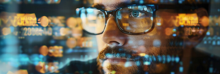 Wall Mural - Close up, male software developer concept, represented by a double exposure of computing, developing, or internet security at work