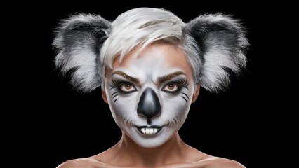 Poster - A woman with a white face and black hair wearing an animal mask, AI