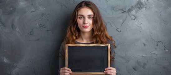 Confident young woman with Mediterranean looks holds a chalkboard displaying copy space image for product or motivational message advertising