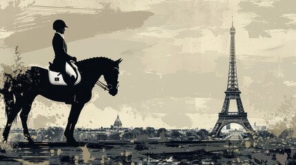 simple line art minimalist collage illustration with professional equestrian athlete and Eiffel Tower in the background, olympic games